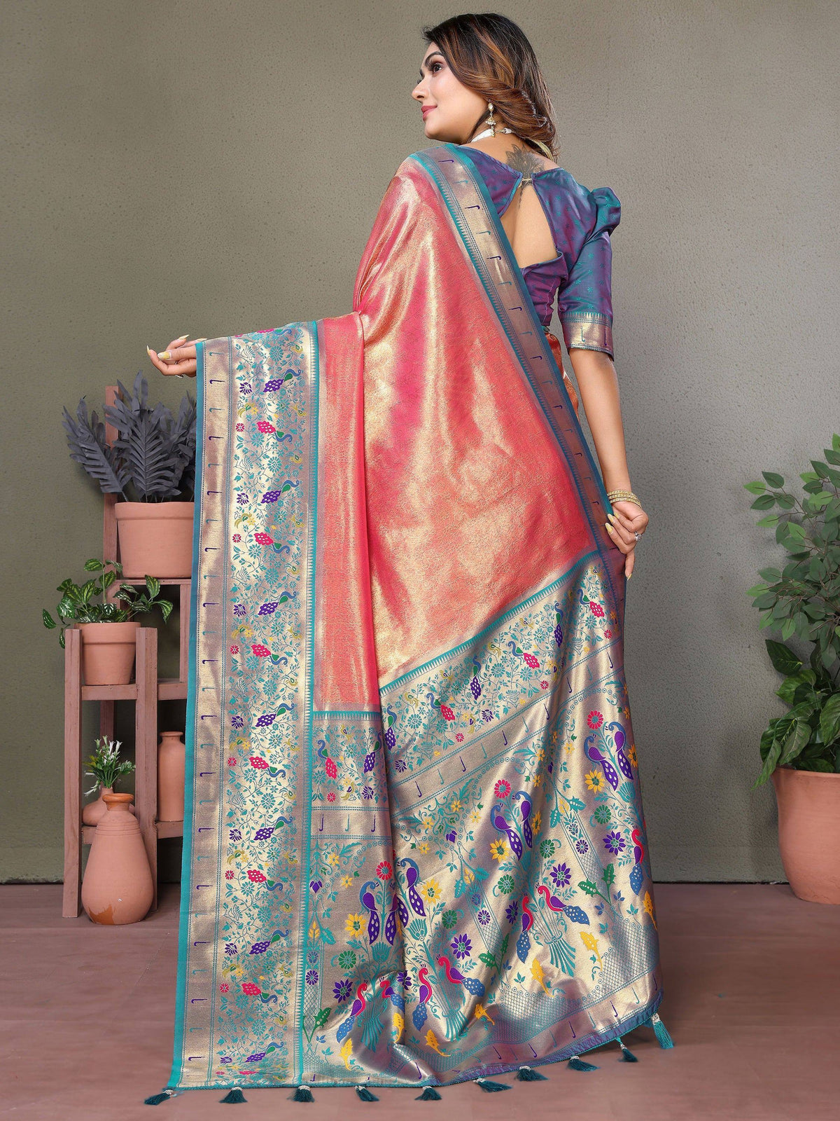 Coral Red Zari Weaving Banarasi Silk Paithani Saree with Blouse