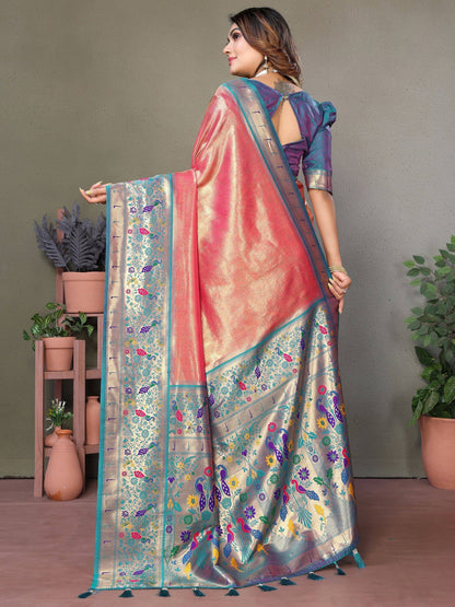 Coral Red Zari Weaving Banarasi Silk Paithani Saree with Blouse