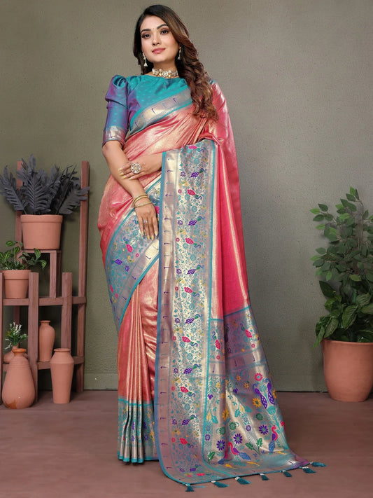Coral Red Zari Weaving Banarasi Silk Paithani Saree with Blouse