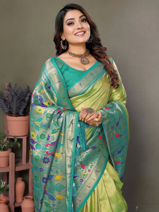 Bewitching Olive Green Zari Weaving Banarasi Silk Paithani Saree