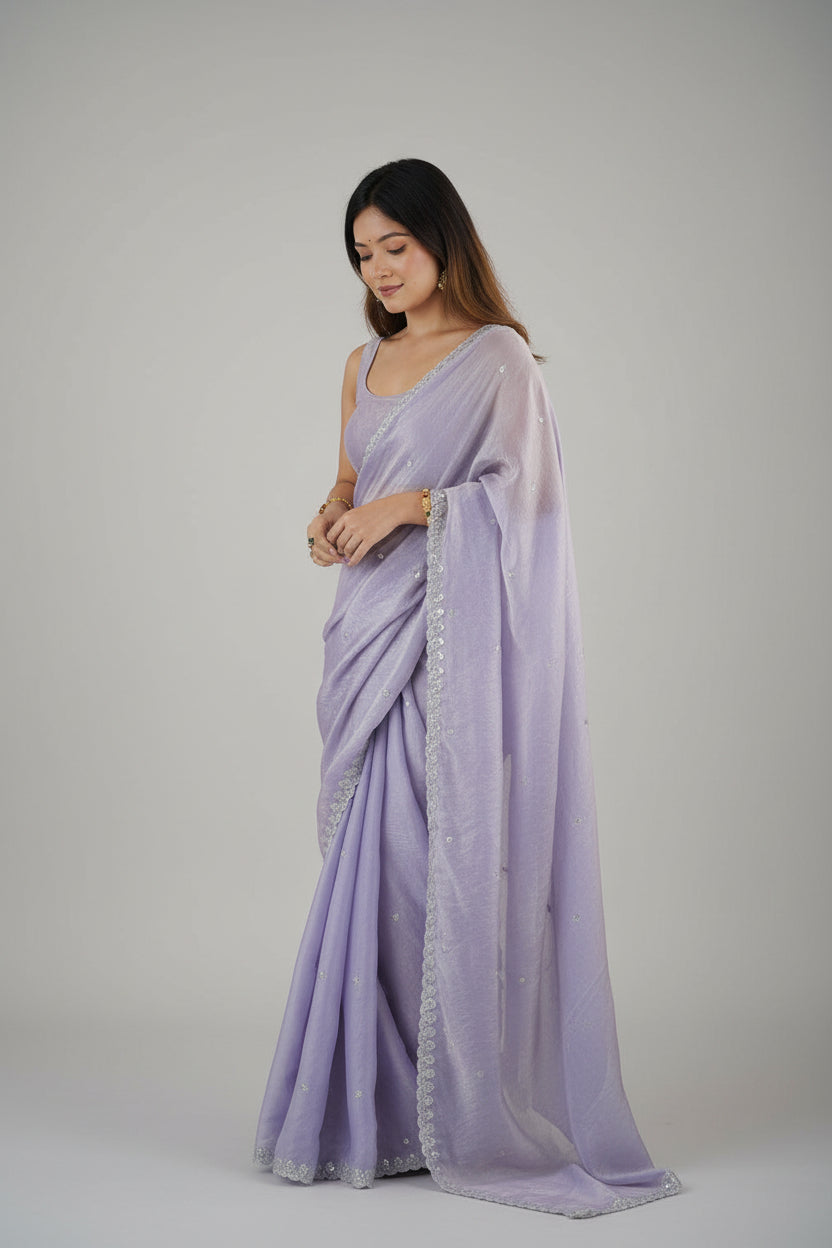 Woman wearing a lavender saree with a white background