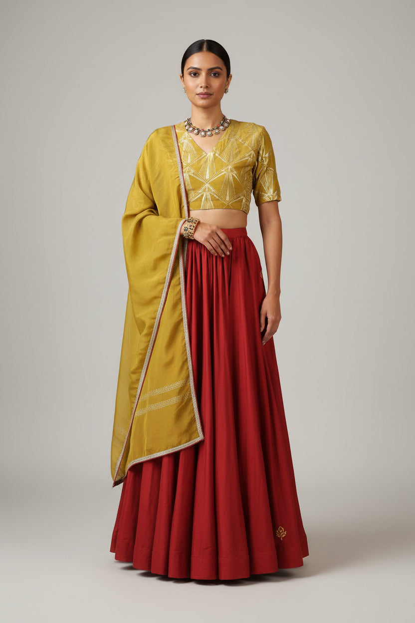 Woman wearing a mustard yellow blouse with red pleated skirt on a beige background