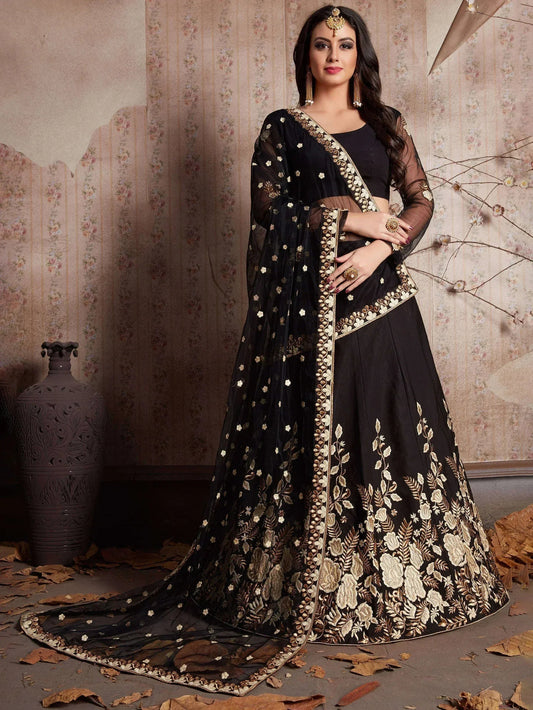 Black Embroidered Crape Silk Lehenga Choli