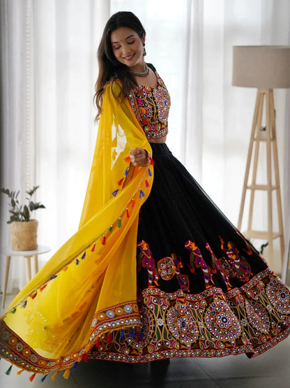 Black Georgette Mirror Work Navratri Wear Lehenga Choli