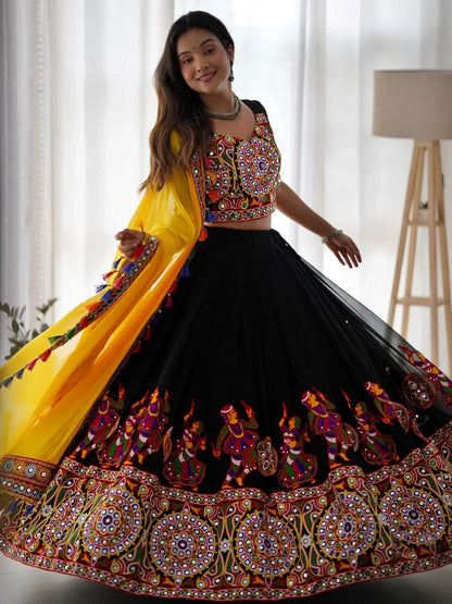 Black Georgette Mirror Work Navratri Wear Lehenga Choli