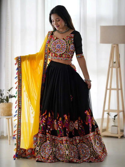Black Georgette Mirror Work Navratri Wear Lehenga Choli