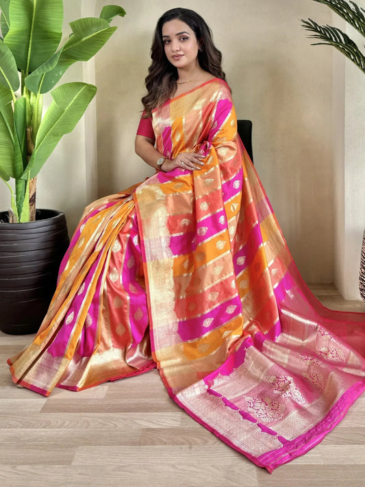 Multi-Color Zari Weaving Banarasi Silk Festival Wear Saree