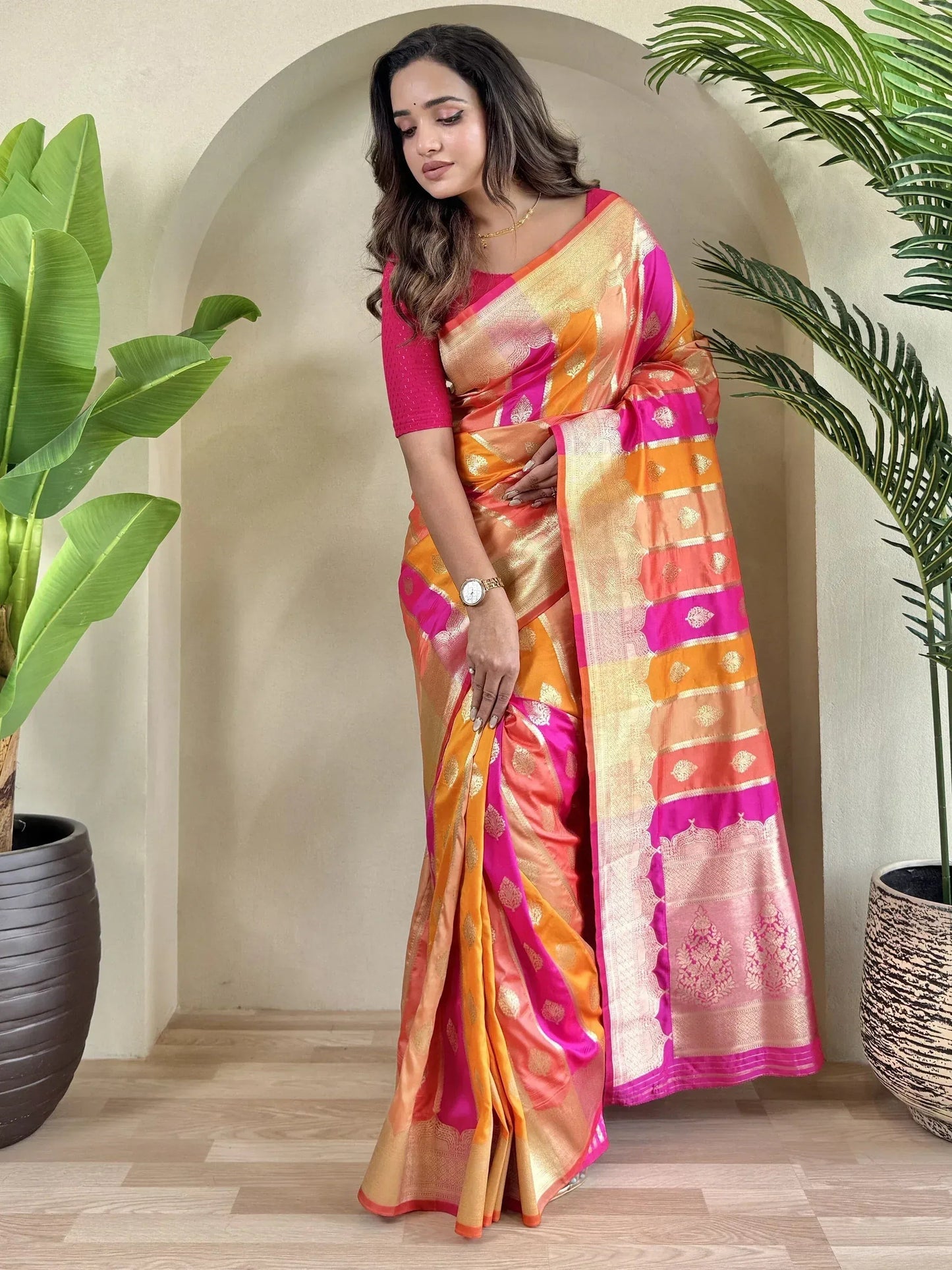 Multi-Color Zari Weaving Banarasi Silk Festival Wear Saree