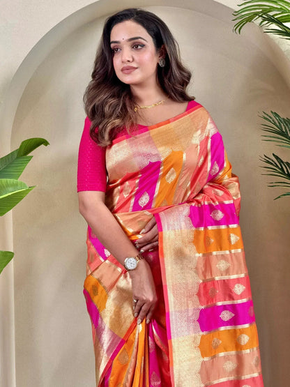 Multi-Color Zari Weaving Banarasi Silk Festival Wear Saree
