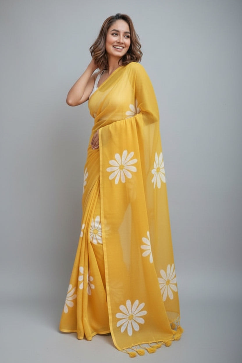 Woman wearing a yellow saree with white floral patterns on a white background