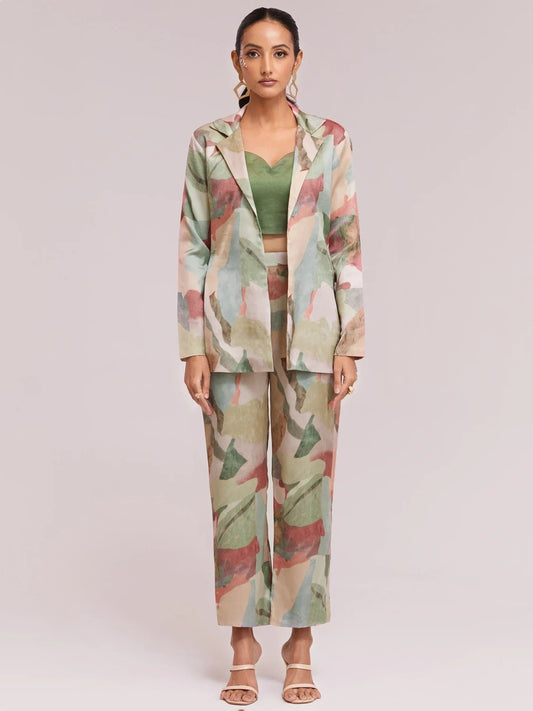 Excellent Multi-Color Satin Stylist Crop Top And Pant With Blazer