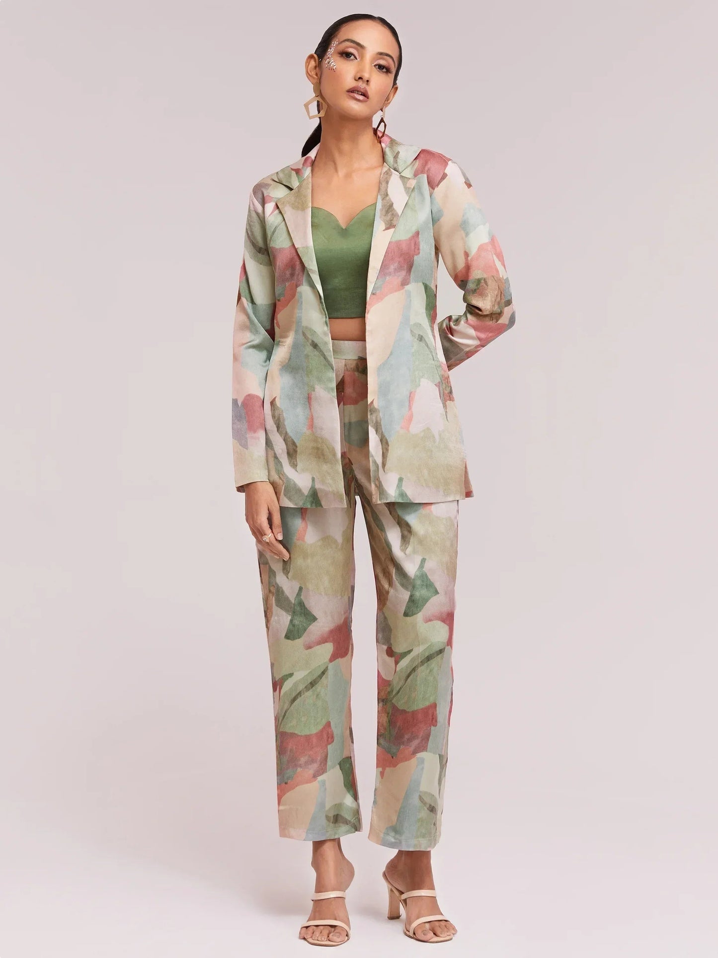 Excellent Multi-Color Satin Stylist Crop Top And Pant With Blazer