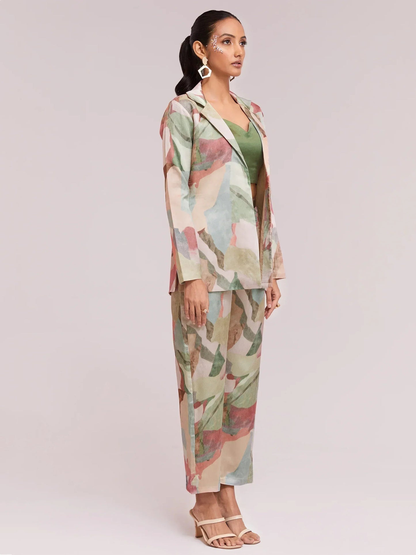 Excellent Multi-Color Satin Stylist Crop Top And Pant With Blazer