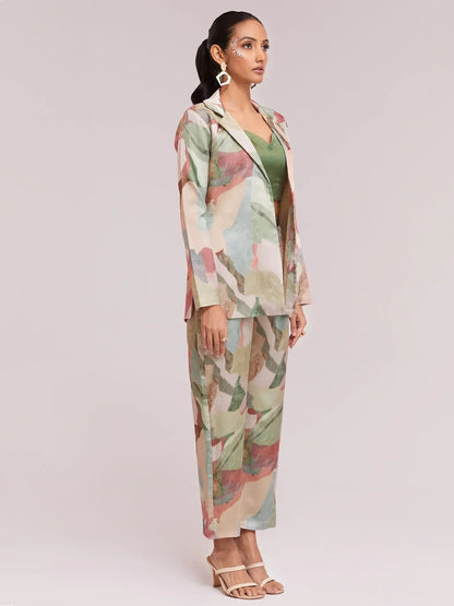 Excellent Multi-Color Satin Stylist Crop Top And Pant With Blazer