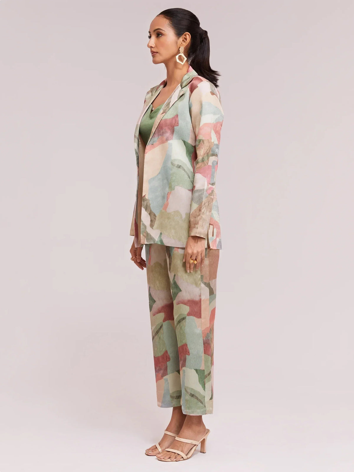 Excellent Multi-Color Satin Stylist Crop Top And Pant With Blazer