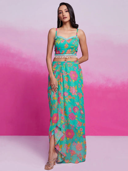 Fabulous Turquoise Georgette Western Wear Crop Top Skirt With Shrug