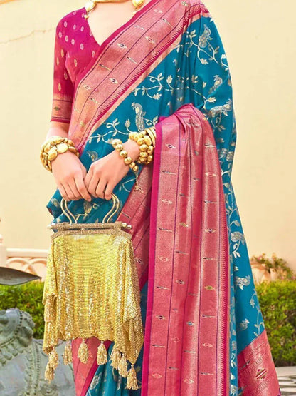 Awesome Blue Foil Printed Silk Festival Wear Saree with Blouse