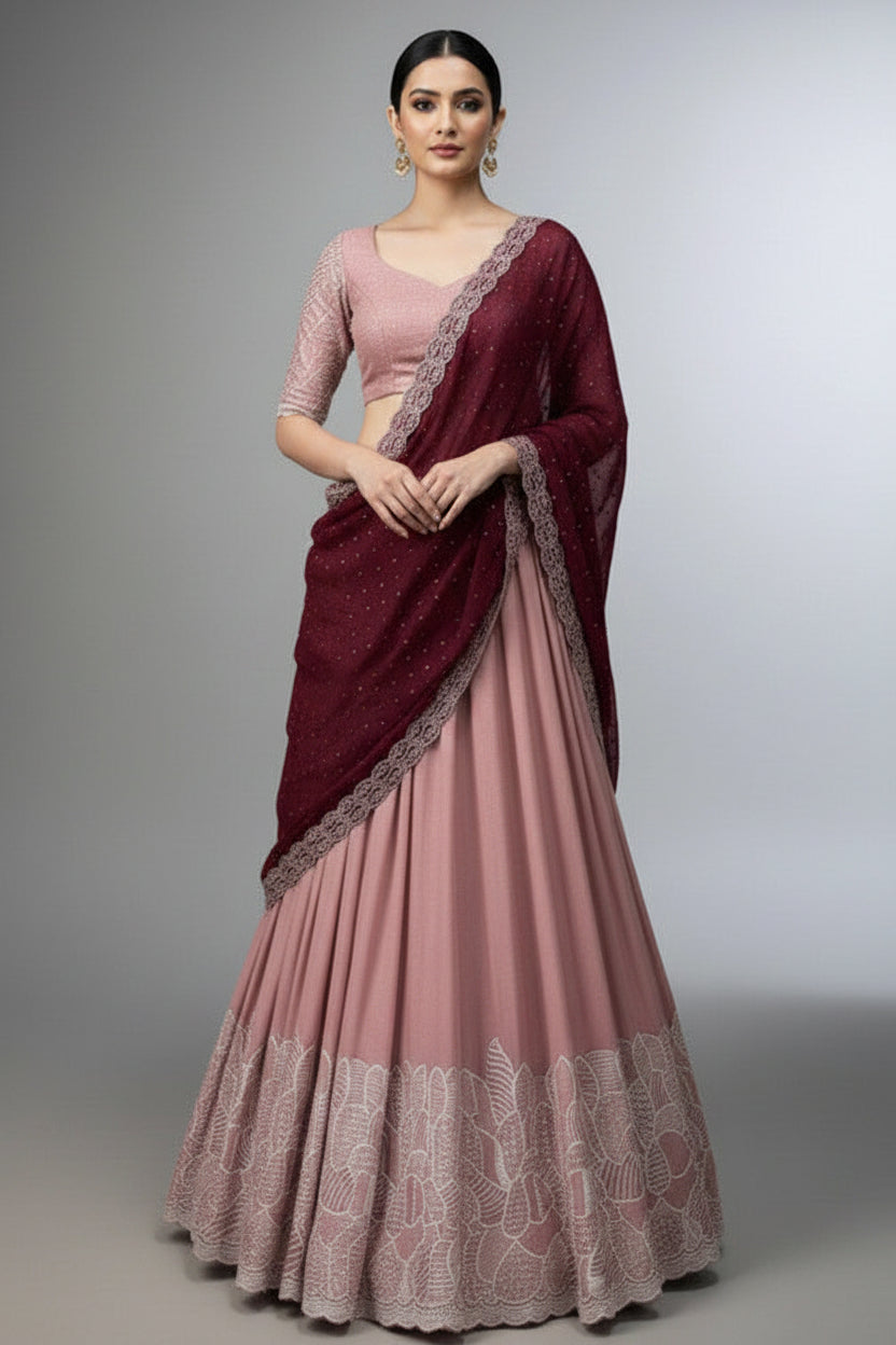 Woman wearing a pink saree with a maroon blouse and saree cover on a gray background